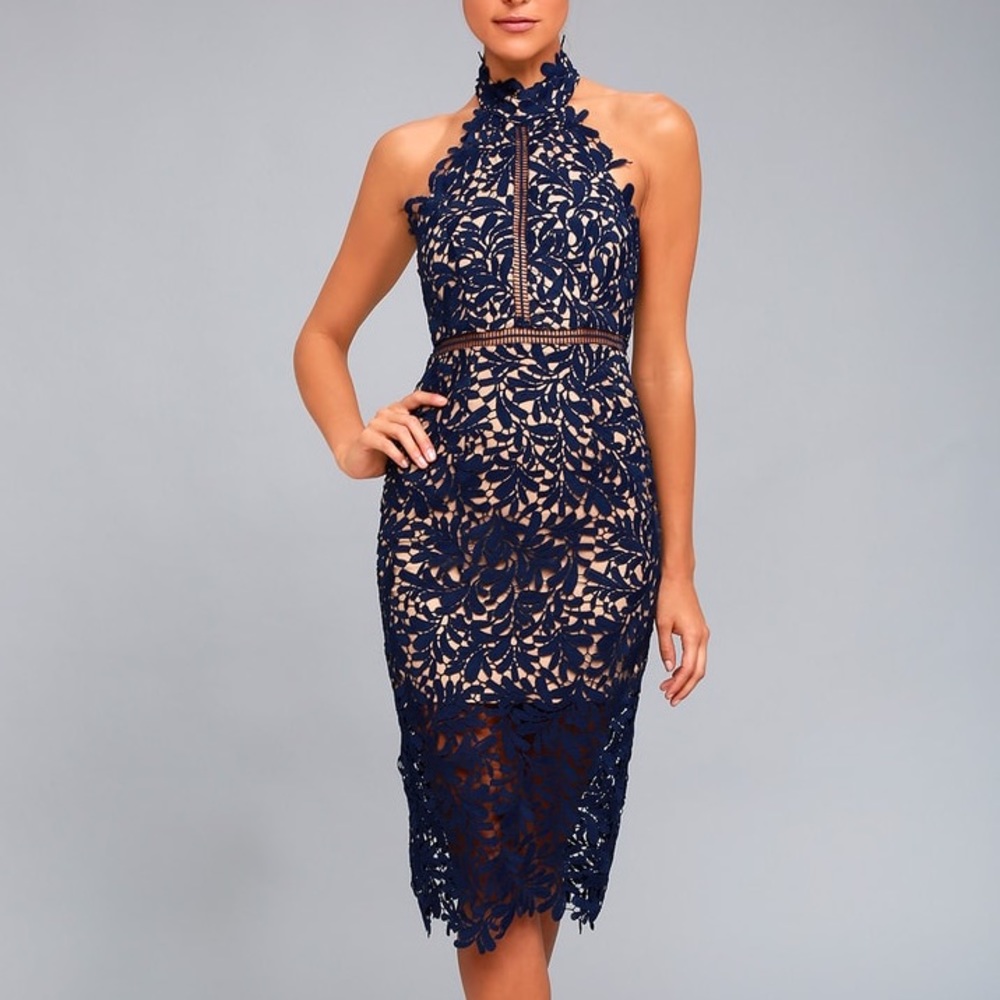 Lulu’s Divine Destiny Navy Blue Lace Midi Dress